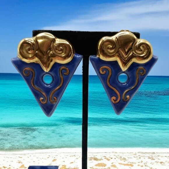 Geometric Abstract Earrings Clip On Terracotta Clay Handpainted Large Blue Gold - Picture 1 of 16